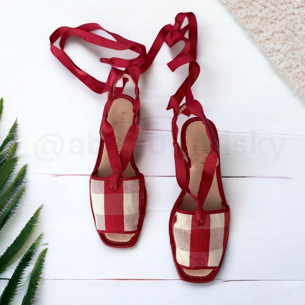 Kate Spade MAGGIE GINGHAM ANKLE WRAP FLAT SANDALS IN GINGHAM LAVA FALLS Red 6